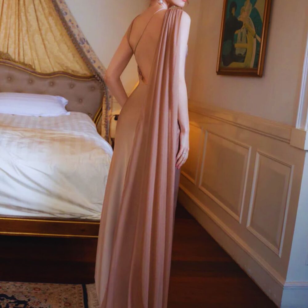 Champagne Satin One-Shoulder Evening Gown "Velvet Whisper" DR613