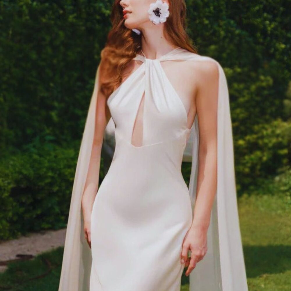 Ivory Satin Cape Gown "Celestia" DR872