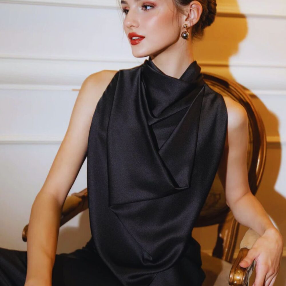 Black Satin Draped Evening Gown "Midnight Veil" DR303
