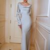 Silver Satin Draped Long-Sleeve Gown "Moonlight Veil" DR402